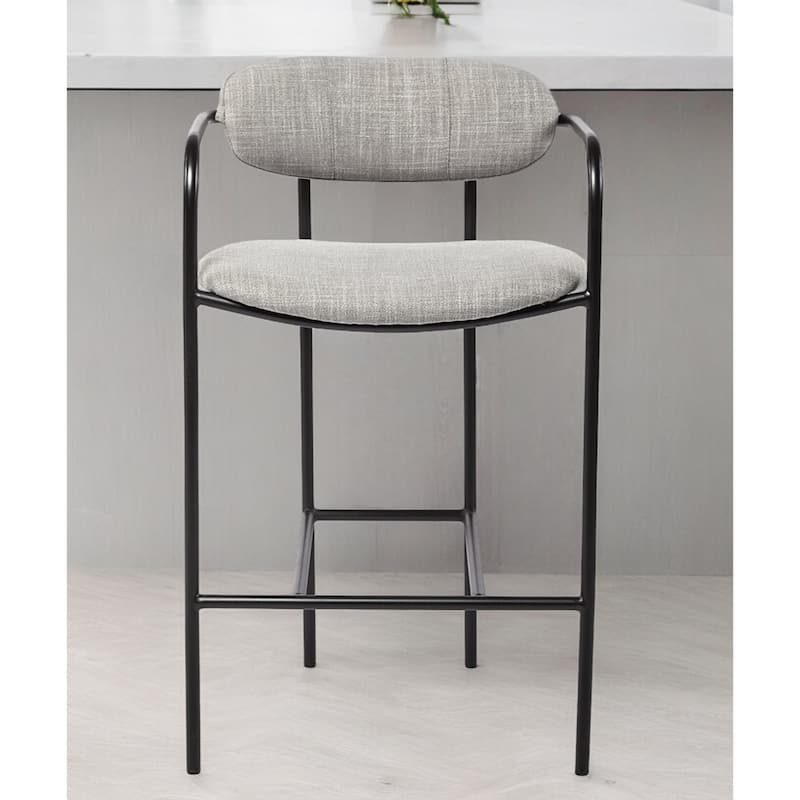 Light Grey Upholstered Counter Height Bar Chair with Black Metal Frame and Armrests - 21.26” L x 20.87” W x 35.83” H
