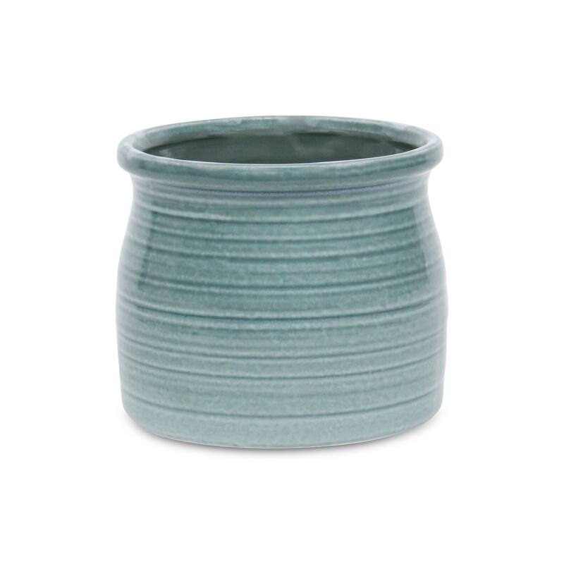 HomeRoots Celadon Ceramic 51 Ounce Striped Round Distressed Pot Planter - 6.25 in. x 5.50 in. x 6.25 in.