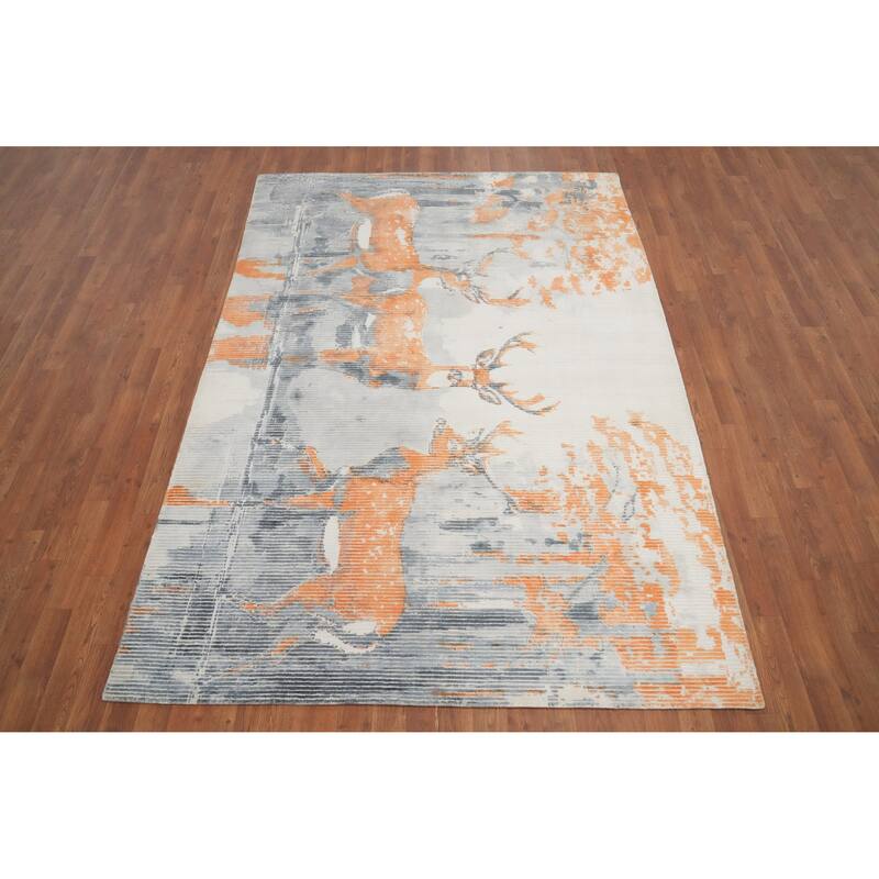 Hand Knotted Oriental Viscose Silk Carpet Modern Animal Pictorial Greys & Charcoal Abstract Area Rug - 7' 9'' X 5' 5''