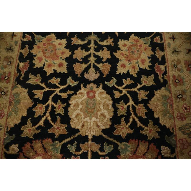 Hand Knotted Oriental 100% Wool Carpet Traditional Floral Black Agra Runner Rug - 12' 2'' X 2' 8''