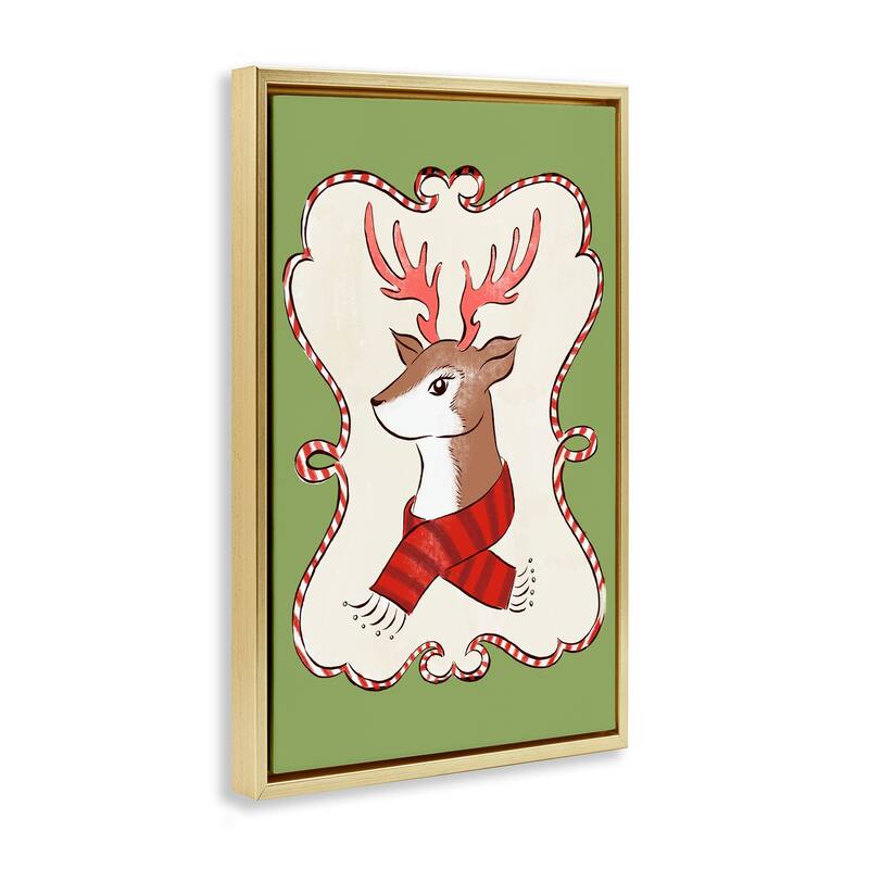 Stupell Festive Winter Deer in Scarf Framed Floater Canvas Wall Art Design By Hannah Moren