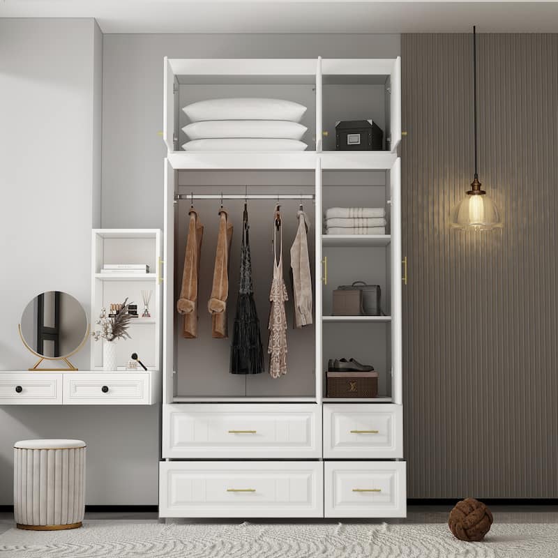 Large Wooden Wardrobe Armoire with Raised Panel Closet Storage Cabinet