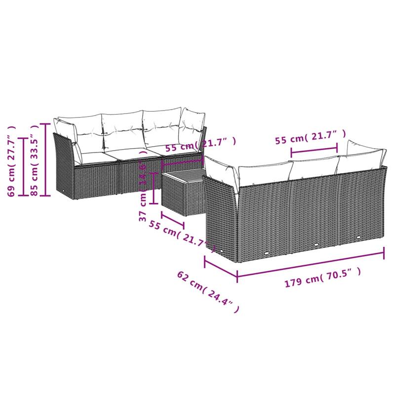 vidaXL Patio Sofa Set with Cushions Outdoor Furniture 7 Piece Poly Rattan - 21.7 x 21.7 x 14.6