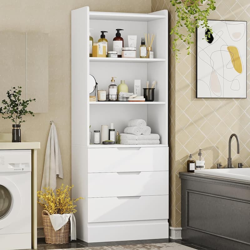 Kitchen Storage Cabinet Bookcase 3 Drawers Open Shelves