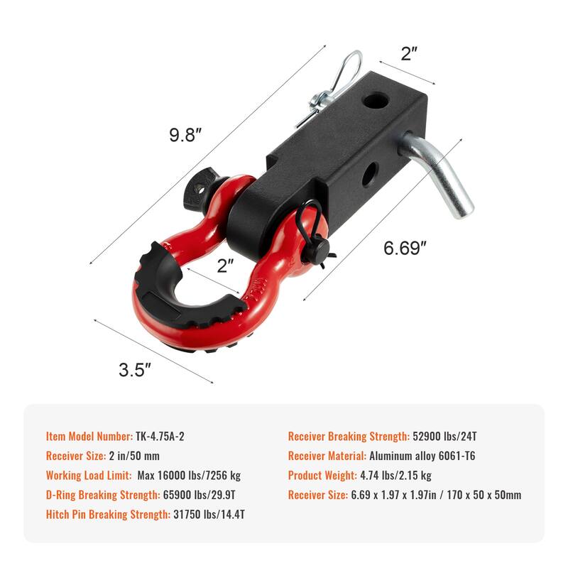 Shackle Hitch Receiver 2", 66000 lbs Breaking Strength, D Ring Shackle with Trailer Hitch Lock Pin, Heavy Duty