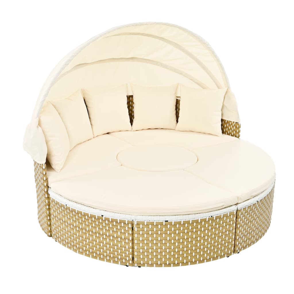 Round Outdoor Sectional Sofa Set Rattan Daybed Two-Tone Weave Sunbed with Retractable Canopy, Separate Seating