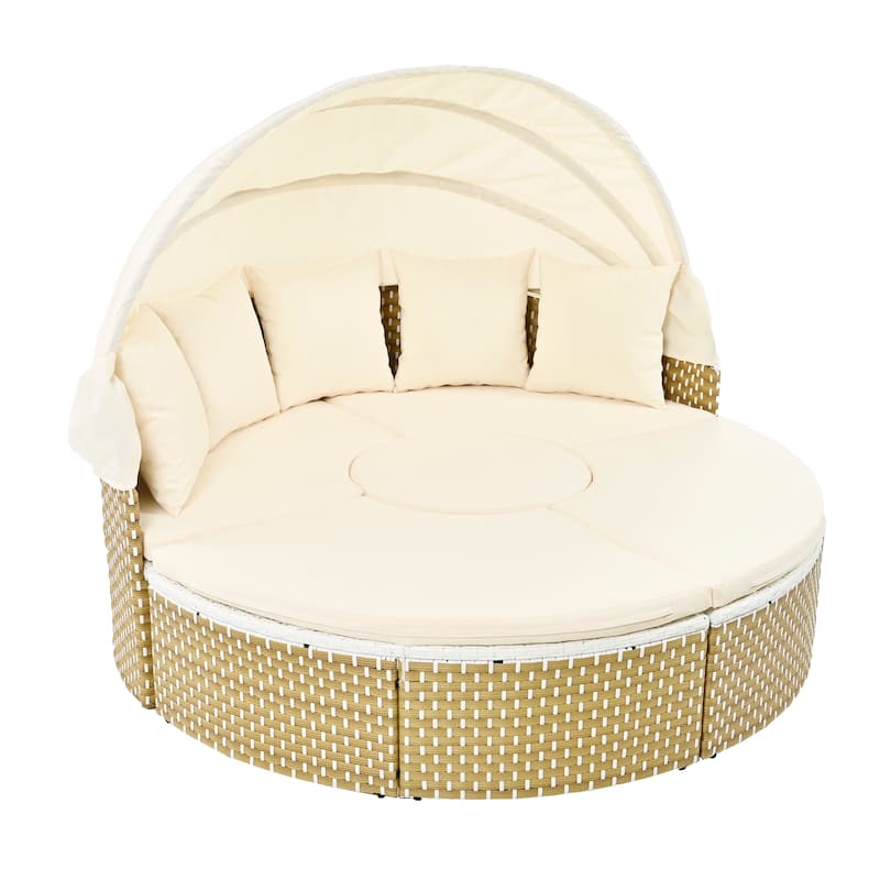 TOPMAX Patio Furniture Round Outdoor Sectional Sofa Set Rattan Daybed Two-Tone Weave