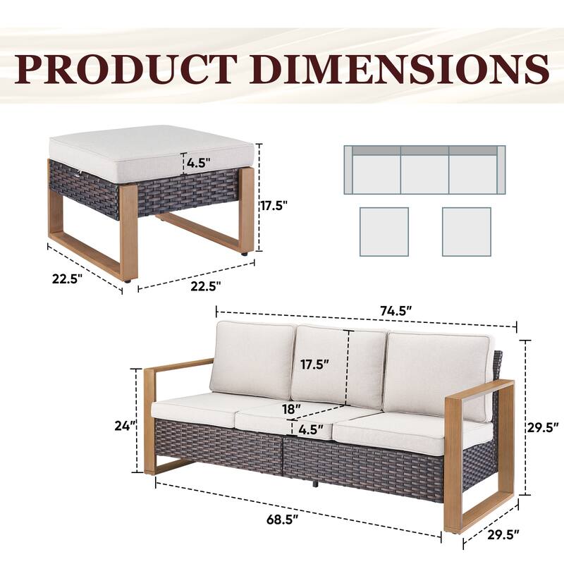 Gymojoy Patio PE Wicker 3-Seat Sofa with Ottomans - Brown