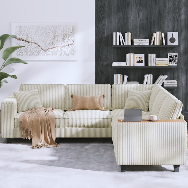 Christopher Knight Home - Jackson Oversized L-Shaped Corduroy Corner Couch with Armrest Storage - Beige
