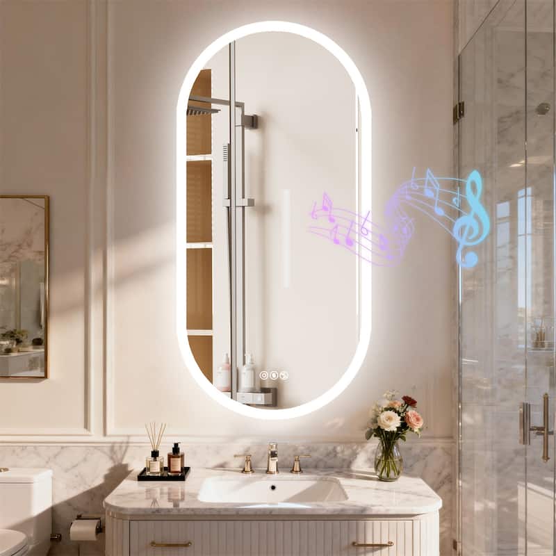 Oblong Bluetooth Led Lighted Bathroom Makeup Mirror Tempered Glass Backlit Vanity Mirror