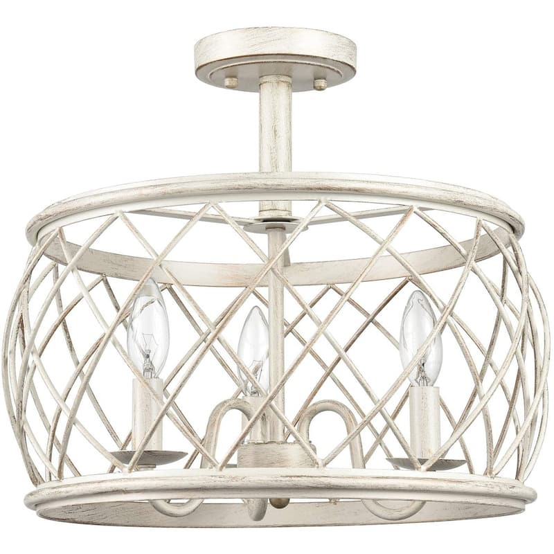 Treviso Farmhouse 3-Light Drum Semi Flush Mount Ceiling Light Metal Shade Antique White - Antique White - Antique White