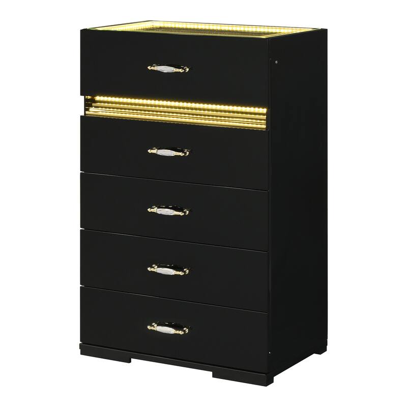 Furniture of America Saven Modern Black Solid Wood 5-Drawer Chest with LED Light