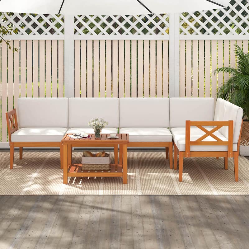Costway 6 PCS Acacia Wood Patio Furniture Set with Cushions and 2-Tier - See Details