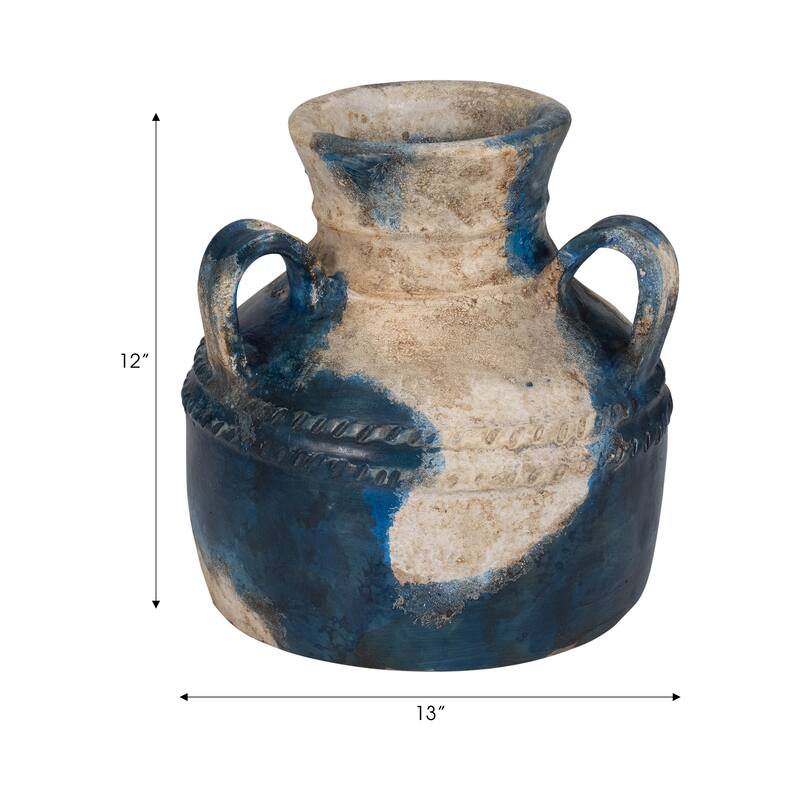 Pottery Terracotta Vase with Rustic Textured and Triple Handles Design