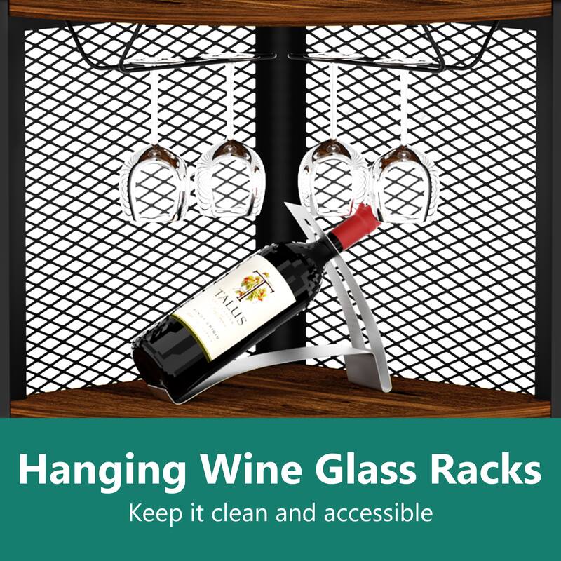 Industrial Corner Cabinet with Power Outlets - Wine Glass Rack and Mesh Door Storage for Home Bar