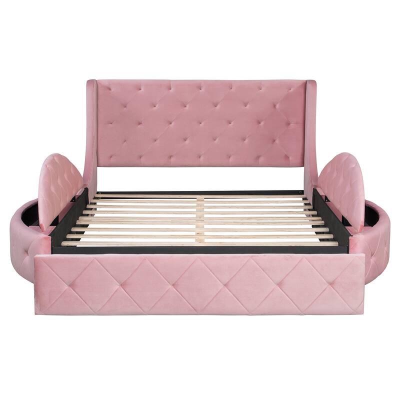 Roomfitters Queen Upholstered Platform Bed, Tufted Wingback Headboard, Velvet Frame, Storage Unit & Semicircular Stools