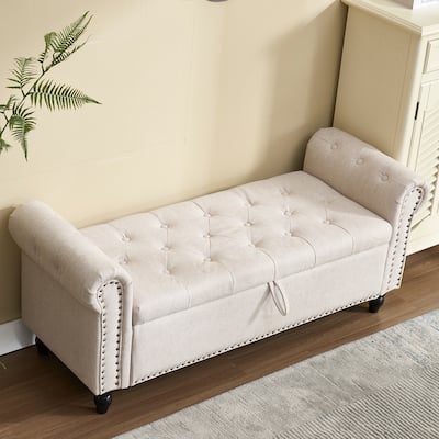 Upholstered Storage Ottoman Bench - Button Tufted Linen Ottoman with Hidden Storage for Living Room or Bedroom