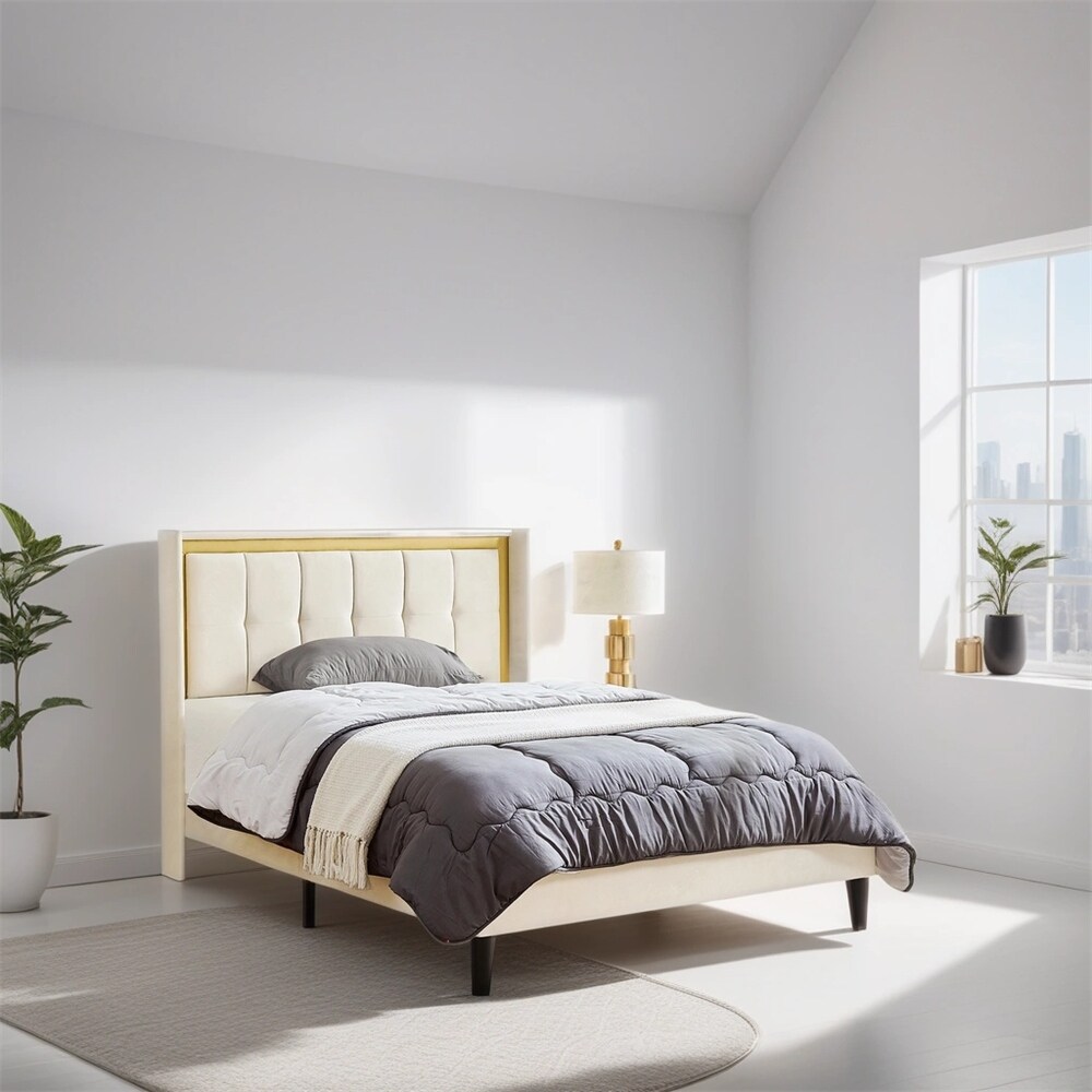 Upholstered Platform Bed Frame With Headboard And Sturdy Wooden Slats