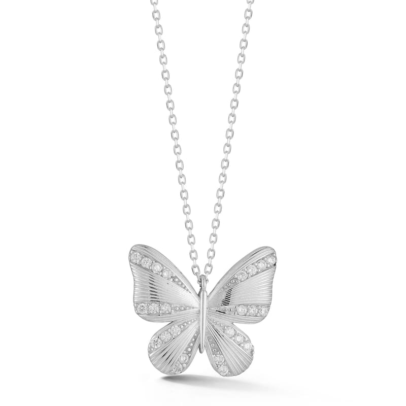 Soleil Sterling Silver Cubic Zirconia Striped Butterfly Pendant Necklace - White
