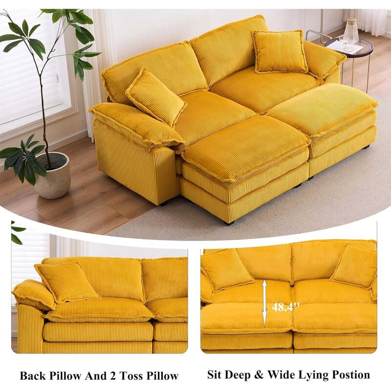 Modern 2-Seater Corduroy Sofa with 4 Support Pillows and 2 Ottomans