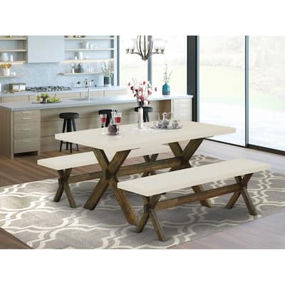 HomeStock 3-Piece Rectangle Distressed Jacobean Finish Solid Wood Top Dining Table with 2-Benches