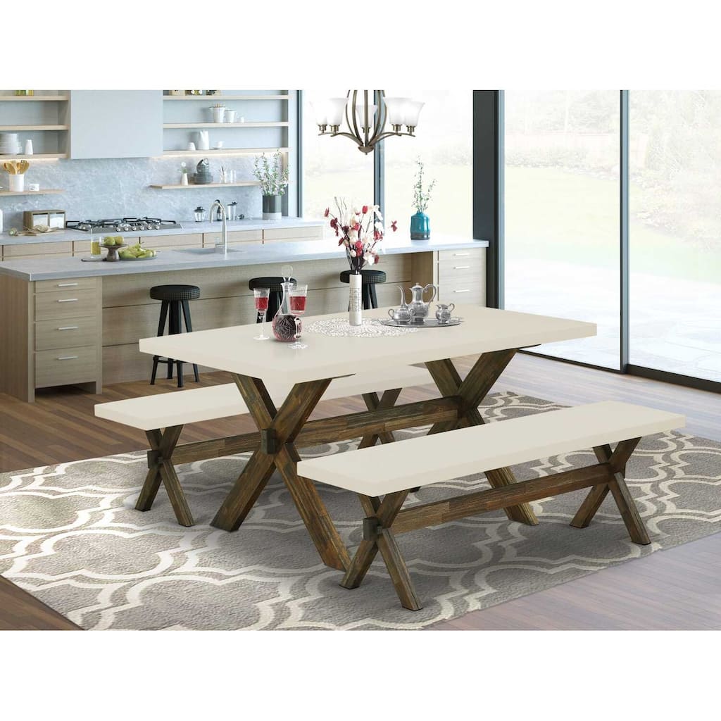 HomeStock 3-Piece Rectangle Distressed Jacobean Finish Solid Wood Top Dining Table with 2-Benches