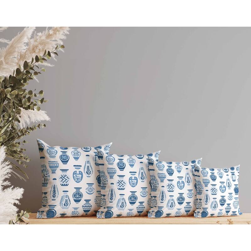 Mystical Pottery Indoor/Outdoor Reversible Throw Pillow White and Blue