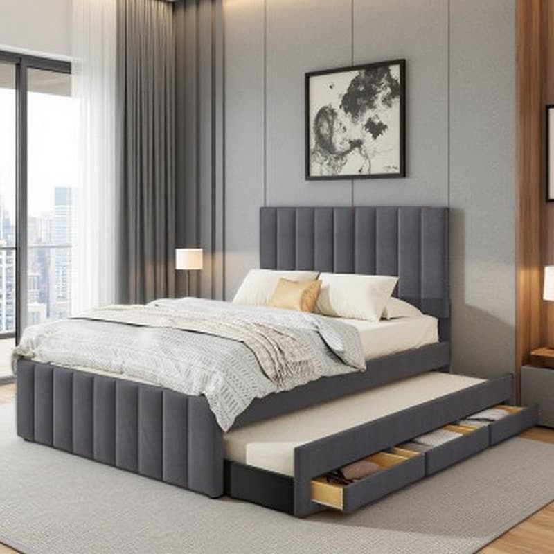 Full Size Linen Upholstered Bed Frame with Twin Trundle & 3 Storage Drawers, Space-Saving Design