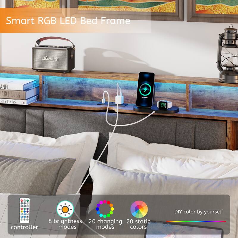 Brown Queen Size Platform Bed with Upholstered Headboard,Charging Station and LED