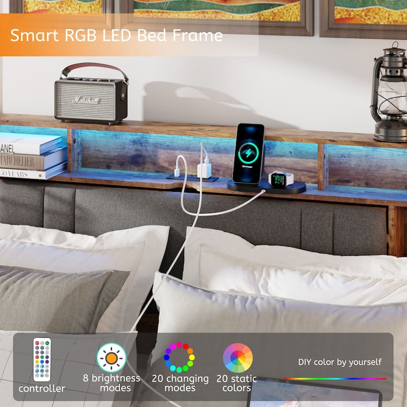 Queen Size Platform Bed with Upholstered Headboard,Charging Station and LED