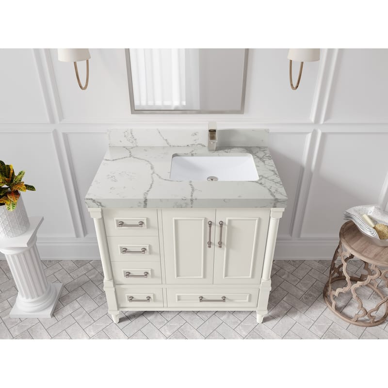 Willow Collections 36 in. W x 22 in. D Aberdeen Right Offset Sink Bathroom Vanity with Countertop - 2" Venatino - Ivory
