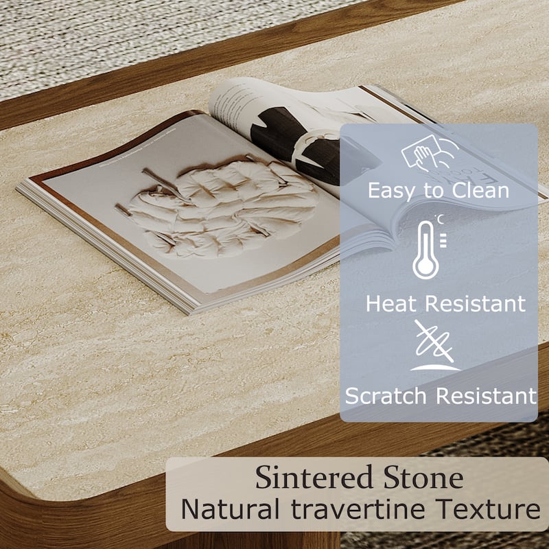 51.18" Mid Century Retangular Coffee Table, Beige Sintered Stone Table top, Solid Wood Legs