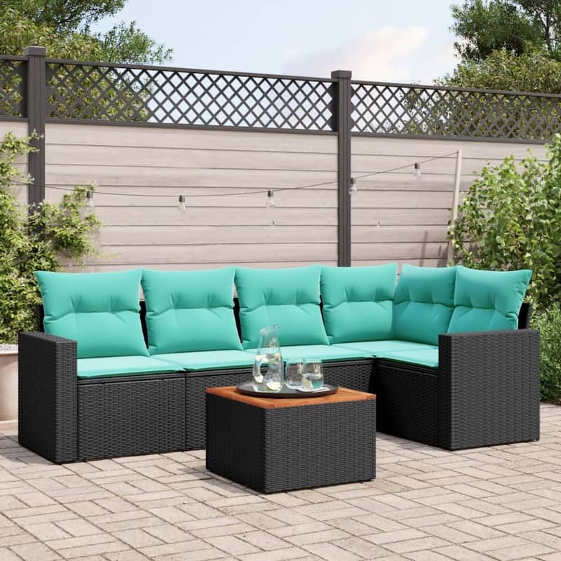 vidaXL 6 Piece Patio Sofa Set with Cushions Black Poly Rattan - 24.4 x 24.4 x 27.2 - Black-corner + 2x middle + Table + 2x Sofa