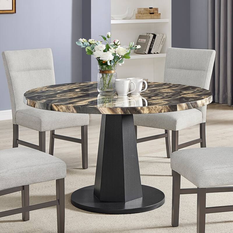 Roundhill Furniture Cavira Modern Faux Marble Dining Table with Wood Pedestal Base
