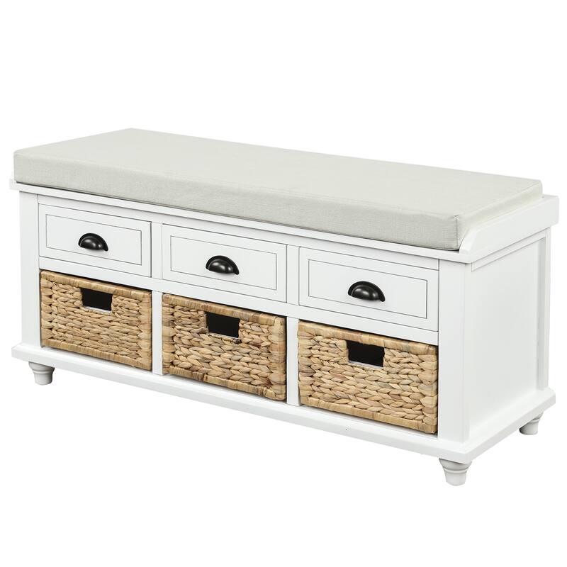 Bedroom Solid Wood Storage Bench Rustic Upholstered Bench with 3 Drawers and 3 Rattan Baskets, Shoe Bench for Entryway