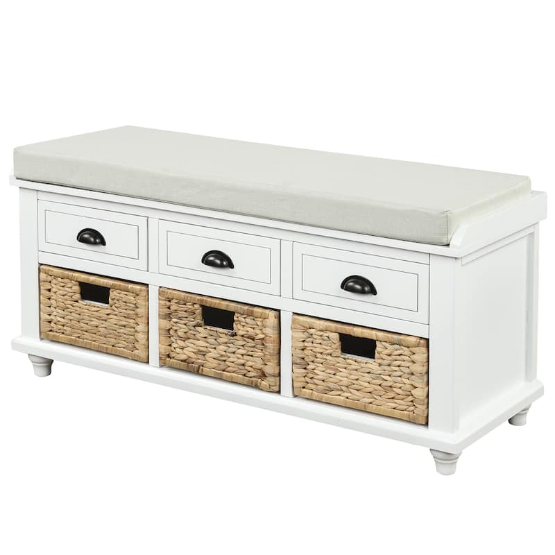 Rustic Linen Upholstered Storage Bench with Drawers & Rattan Baskets - Perfect for Farmhouse Decor