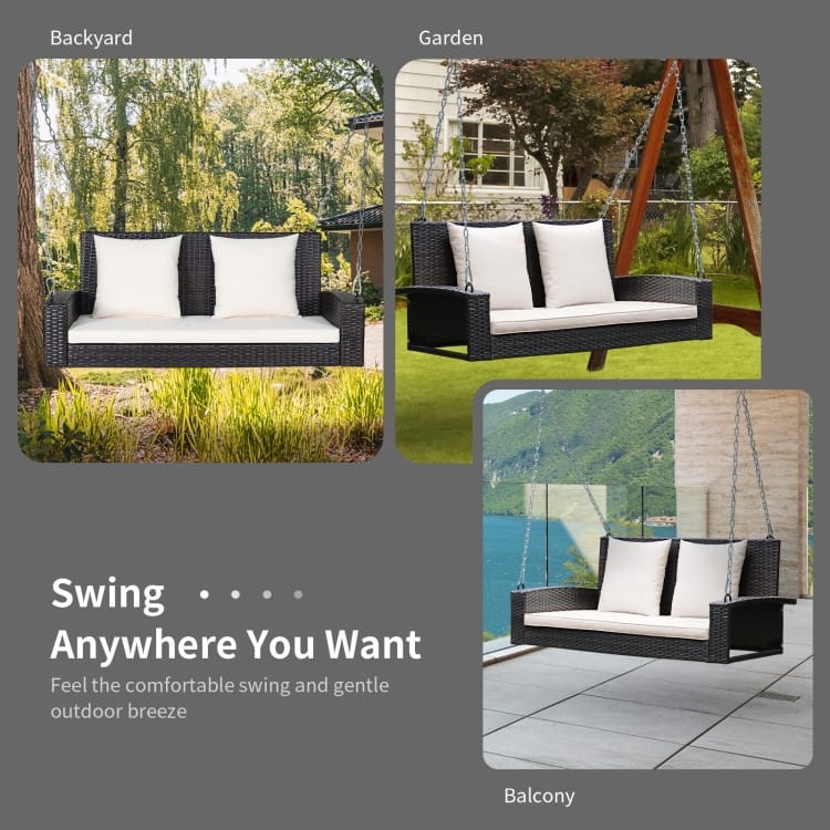 2-Person Wicker Hanging Porch Swing with 2 Back Cushions and 1 Seat Cushion - 50" x 22" x 20.5" (L x W x H)
