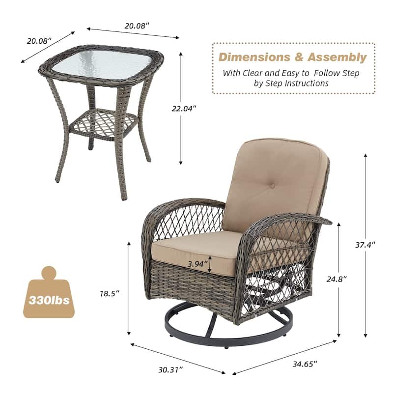 EROMMY Outdoor 3 Pieces Swivel Rocker Patio Chair Sets with Glass Table, All-Weather Wicker & Thickened Cushions for Backyard