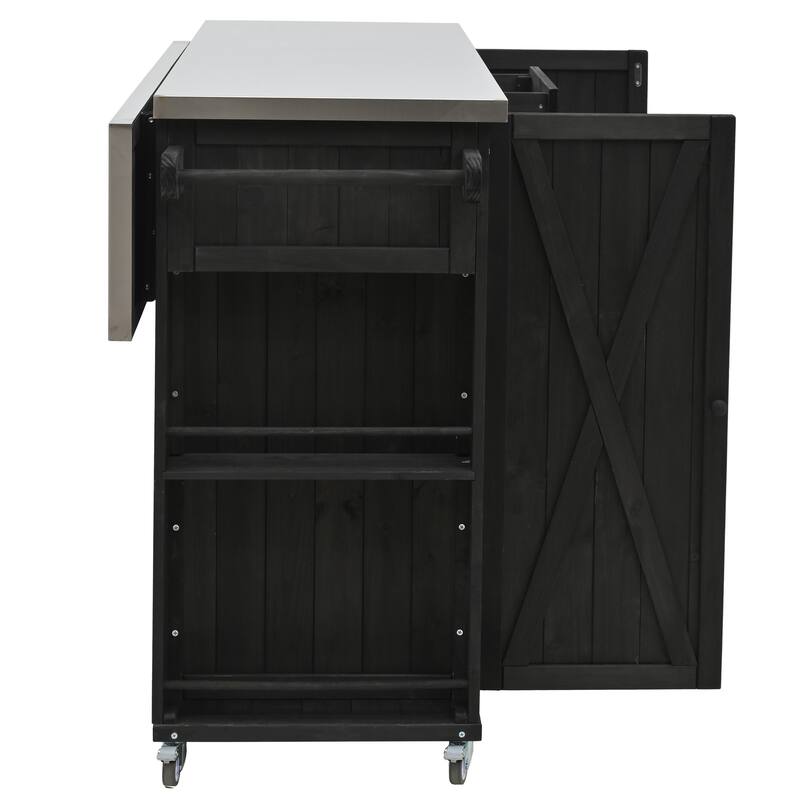 Outdoor Wood Kitchen Island w/ Stainless Steel Top,Towel,Bottle Opener