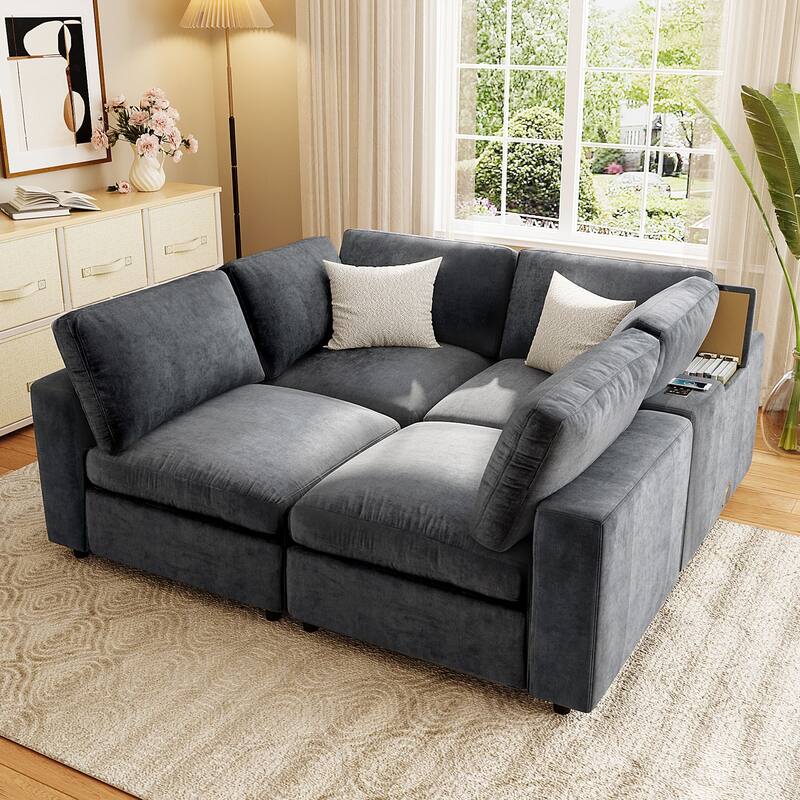 Upholstered Modular Sofa with USB Charge Ports and Wireless Charging, Built-in Bluetooth Speaker, Sectional Couch