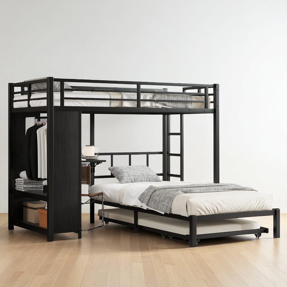 Metal Twin/Full/Queen Over Twin Bunk Bed with Trundle, Built-in Wardrobe, Foldable Desk, and Ladder, Black