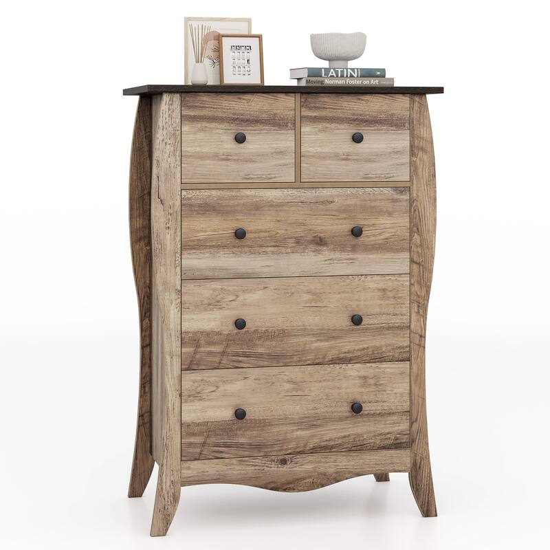 Gymax 2PCS 38'' Farmhouse Chest of Drawers w/ 5 Folding Fabric Drawers