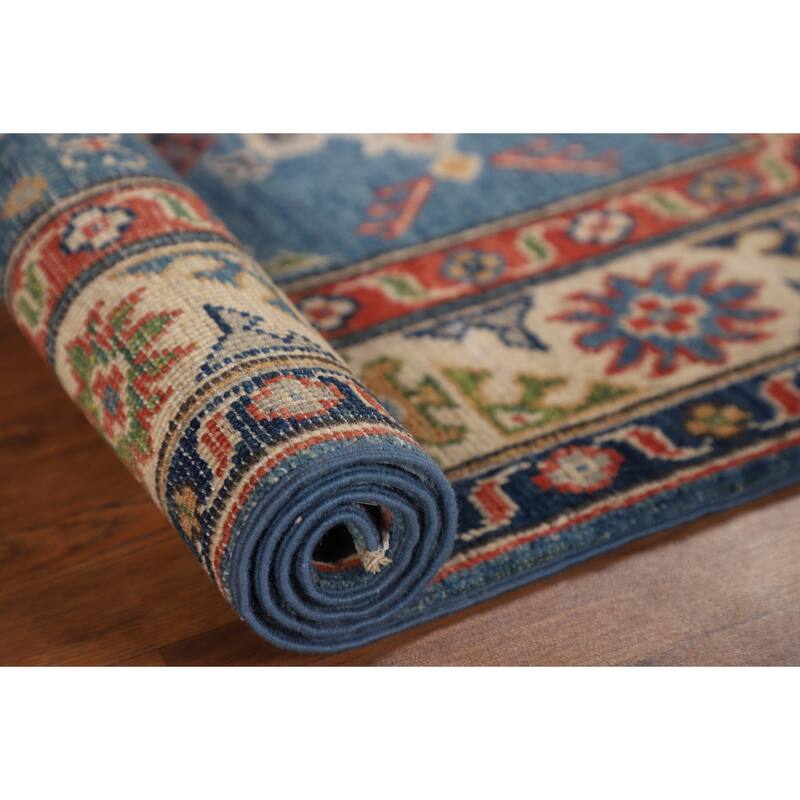 Blue Geometric Kazak Accent Rug Handmade Wool Carpet - 2'8" x 4'3"