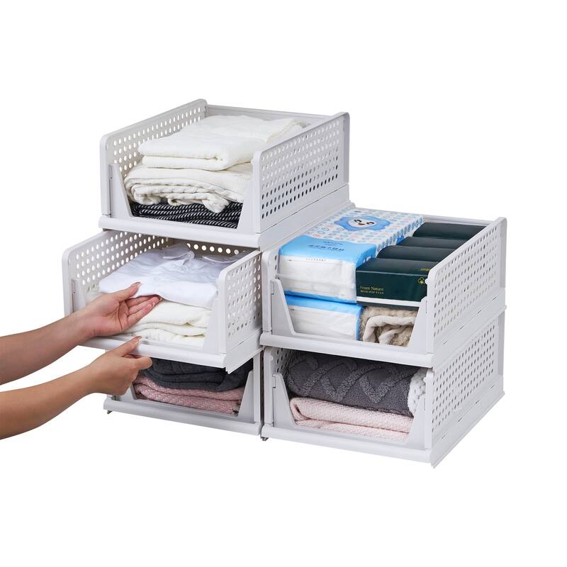 Javlergo 4 Pack Stackable Plastic Storage Basket, L-Size Foldable Closet Organizers and Storage Bins Drawer Shelf - 4-Tier