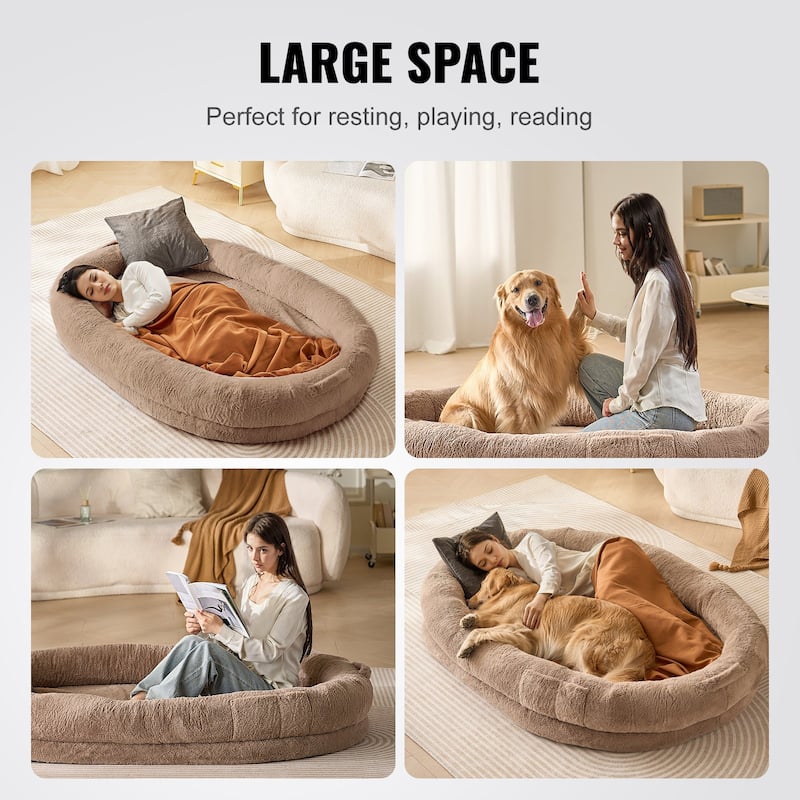 Brown Oval Shape Large Human Size Machine Washable Dog Bed with Zippered Cover Suitable for Any Room - 71.9 x 48 x 10 in