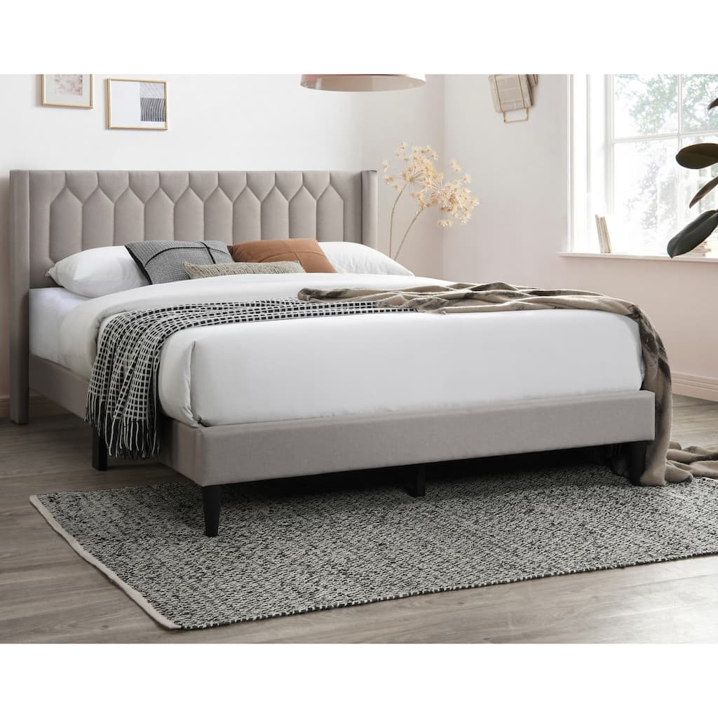 Modern Eye-Catching 1pc Queen Size Bed Light Brown Burlap Fabric Unique Diamond Design Headboard Bedframe