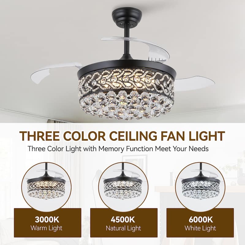 Kviflon 48'' Retractable Ceiling Fan with Lights and Remote 6 Speed, 3 Light Change Retractable Blade Chandelier Ceiling Fan