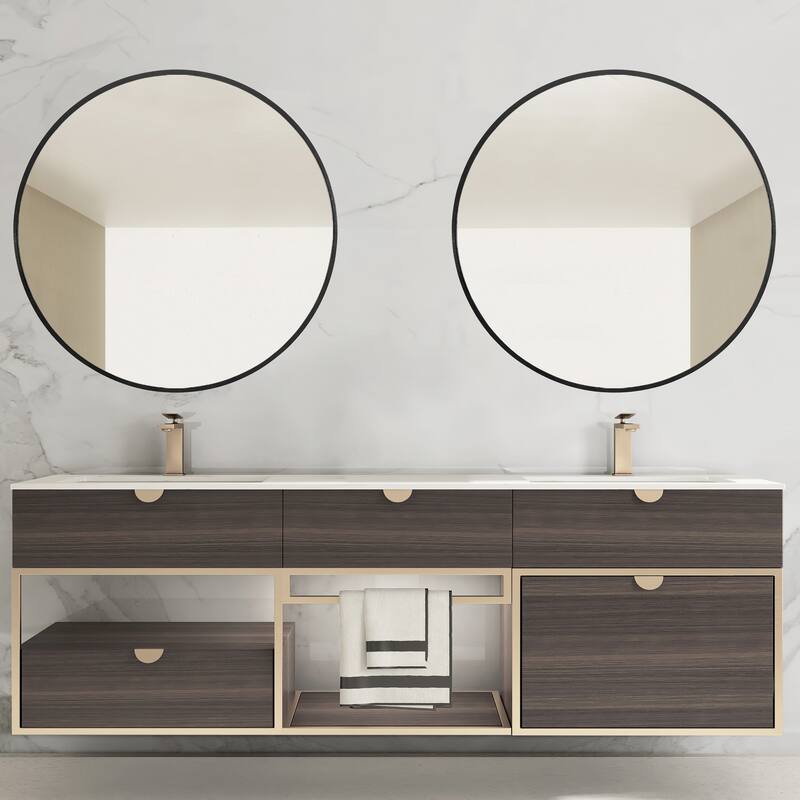 Wall Round Mirror 30'' Modern Brushed Metal Frame Wall-Mounted