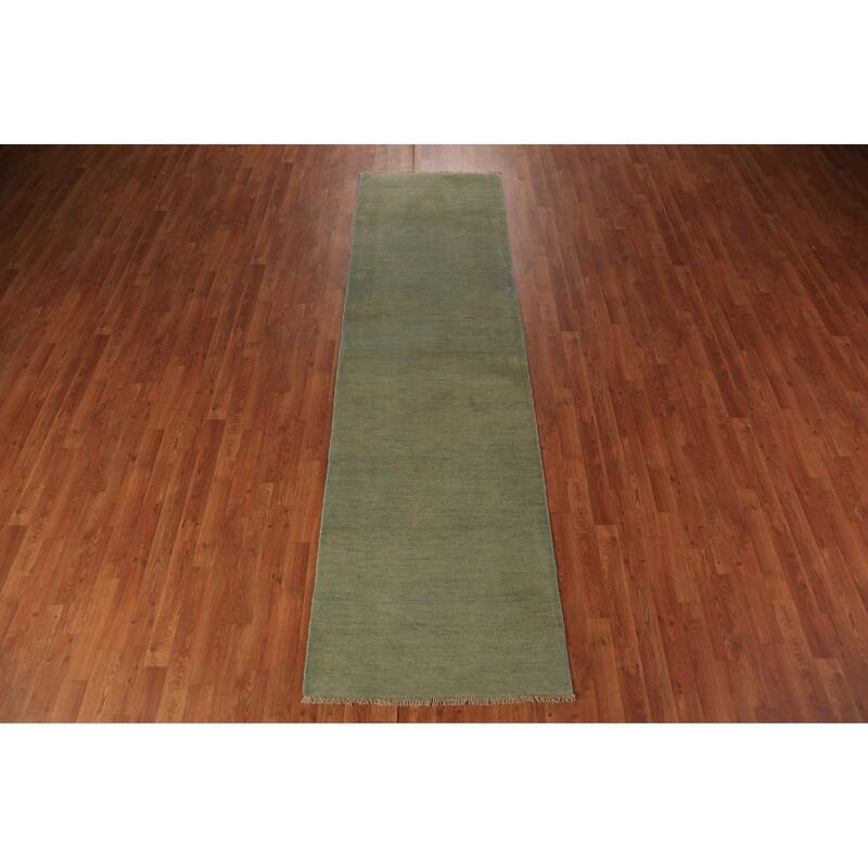 Green Gabbeh Modern Runner Rug Hand-Knotted Wool Carpet - 2'9" x 9'8"