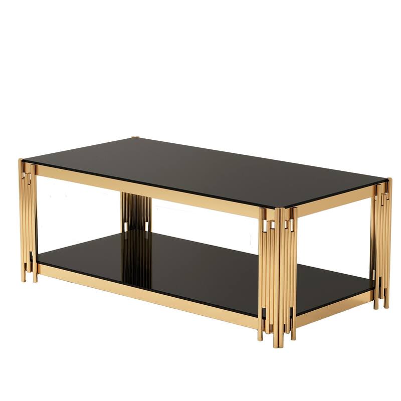 47"Rectangular Gold Glass Double-Layer Coffee Table, Black Tempered Glass Tabletop, Gold Stainless Steel Metal Legs